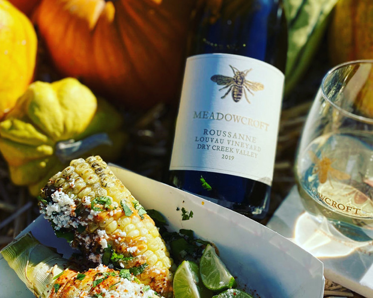 Bottle of Meadowcroft Wine and mexican corn